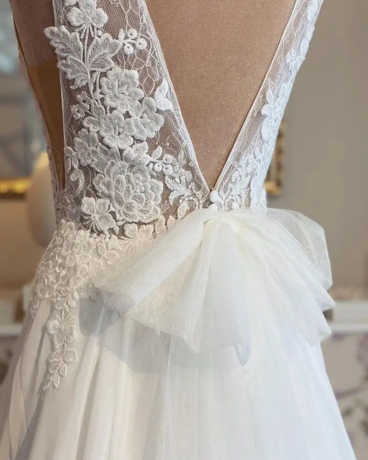 Roycebridal Lace Appliques Boho Chiffon Wedding Dress Deep V-neck A Line Sexy Women Civil Bridal Wedding Gowns