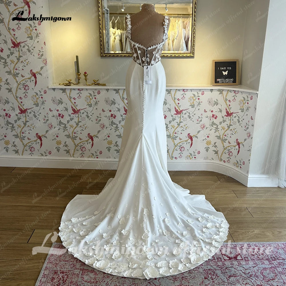 Robe de mariée sirène Roycebridal, élégante robe de mariée en satin à fleurs et dentelle, boutons transparents dans le dos