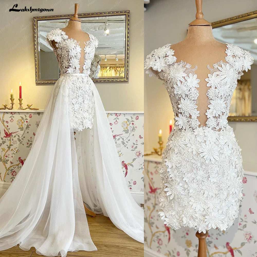 Short wedding dress with detachable overskirt clearance