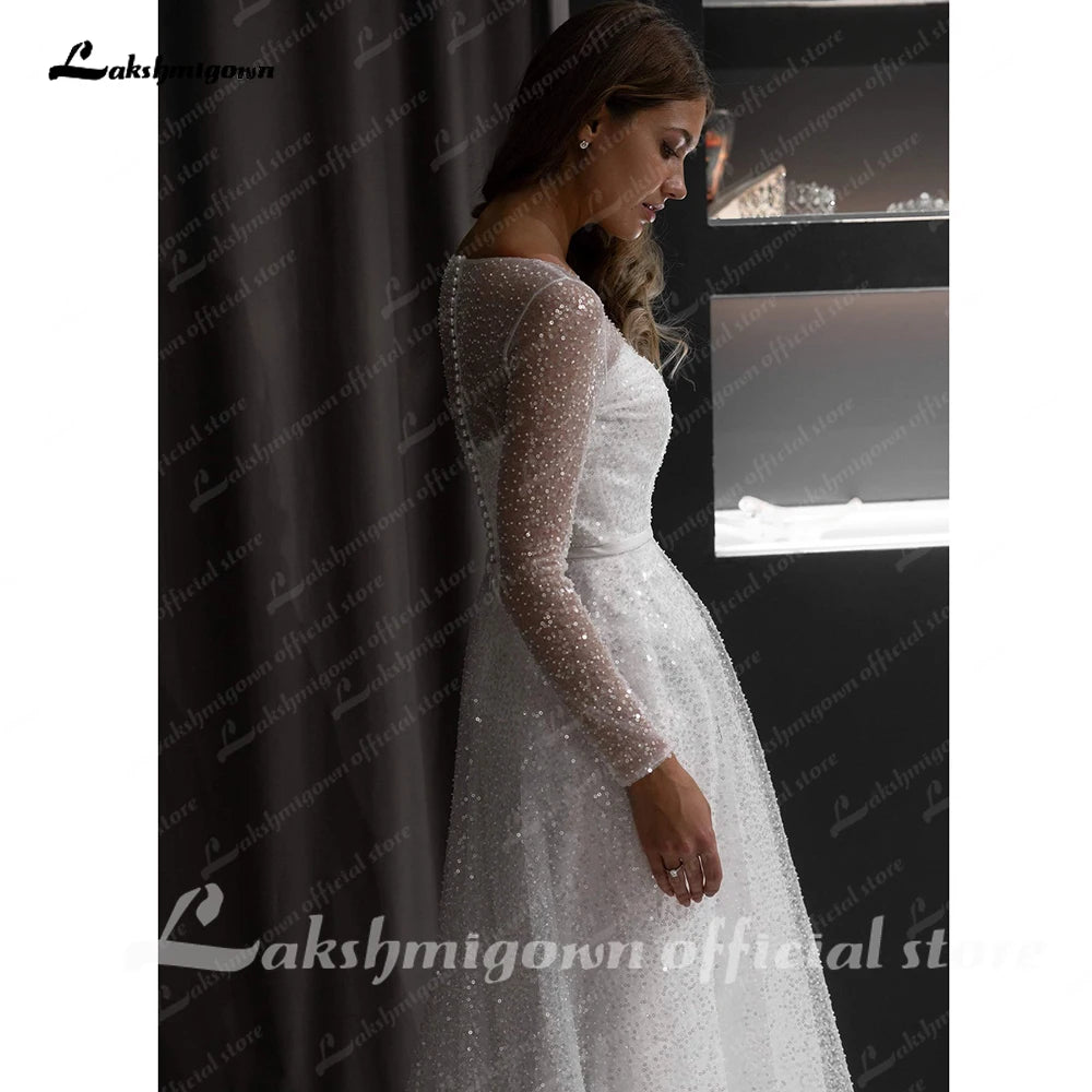 Roycebridal Boho A-line Beach Wedding Dress See Through Sleeves Sweep Train Bridal Dress Custom Made Bridal Gowns