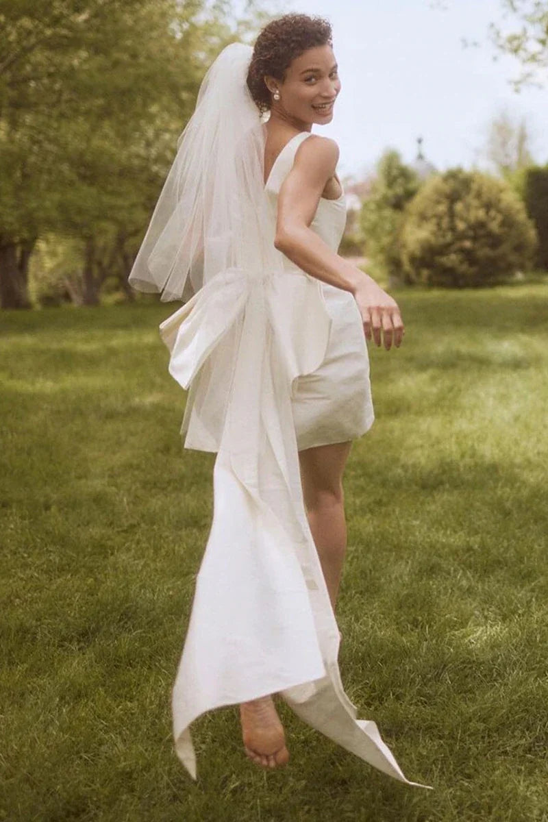 Roycebridal Robe de mariée bohème en satin pour femme, style jardin, style bohème, avec nœud, en dentelle et paillettes, style vintage, pour la plage, 2025