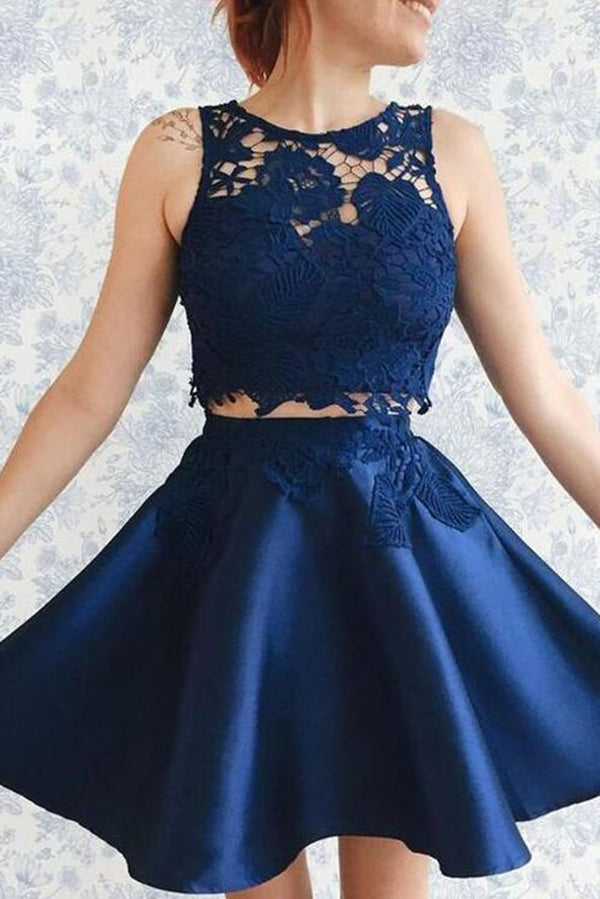 Superbes robes de soirée deux pièces en dentelle à col rond et appliques