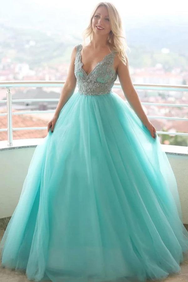 Robe de soirée longue en tulle et dentelle, coupe trapèze, col en V, Alondra
