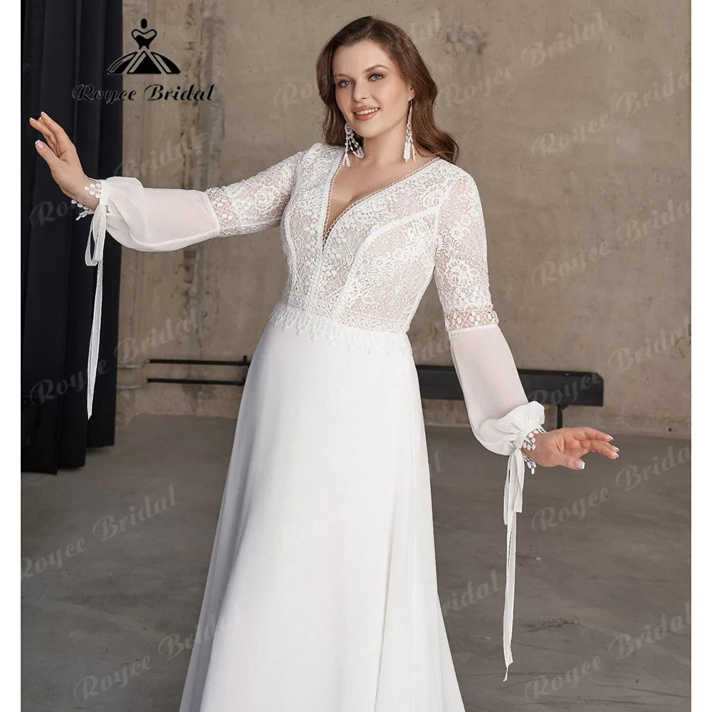 Boheme Long Sleeve Lace Chiffon V Neck Plus Size