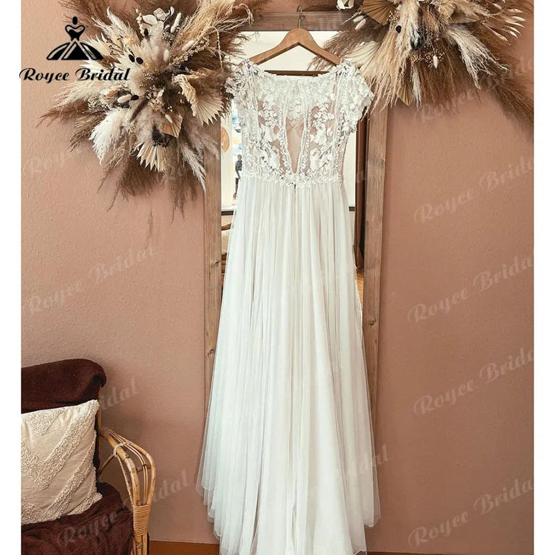 Boho Scoop Neck Wedding Dress Cap Sleeve Lace Bodice Open Back Beach