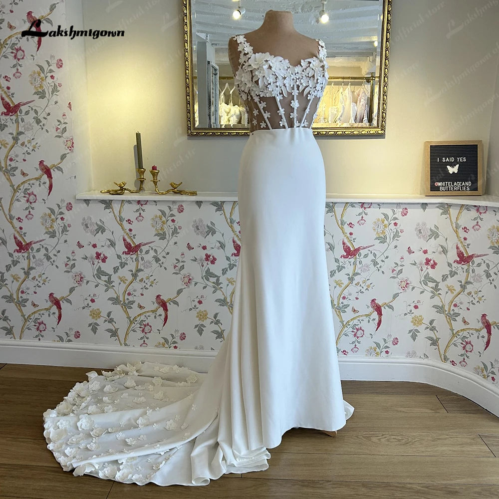 Robe de mariée sirène Roycebridal, élégante robe de mariée en satin à fleurs et dentelle, boutons transparents dans le dos