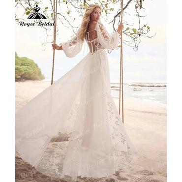 Modest Chiffon Lace Bohemian Elopement Long Sleeve Flowying Illusion Back