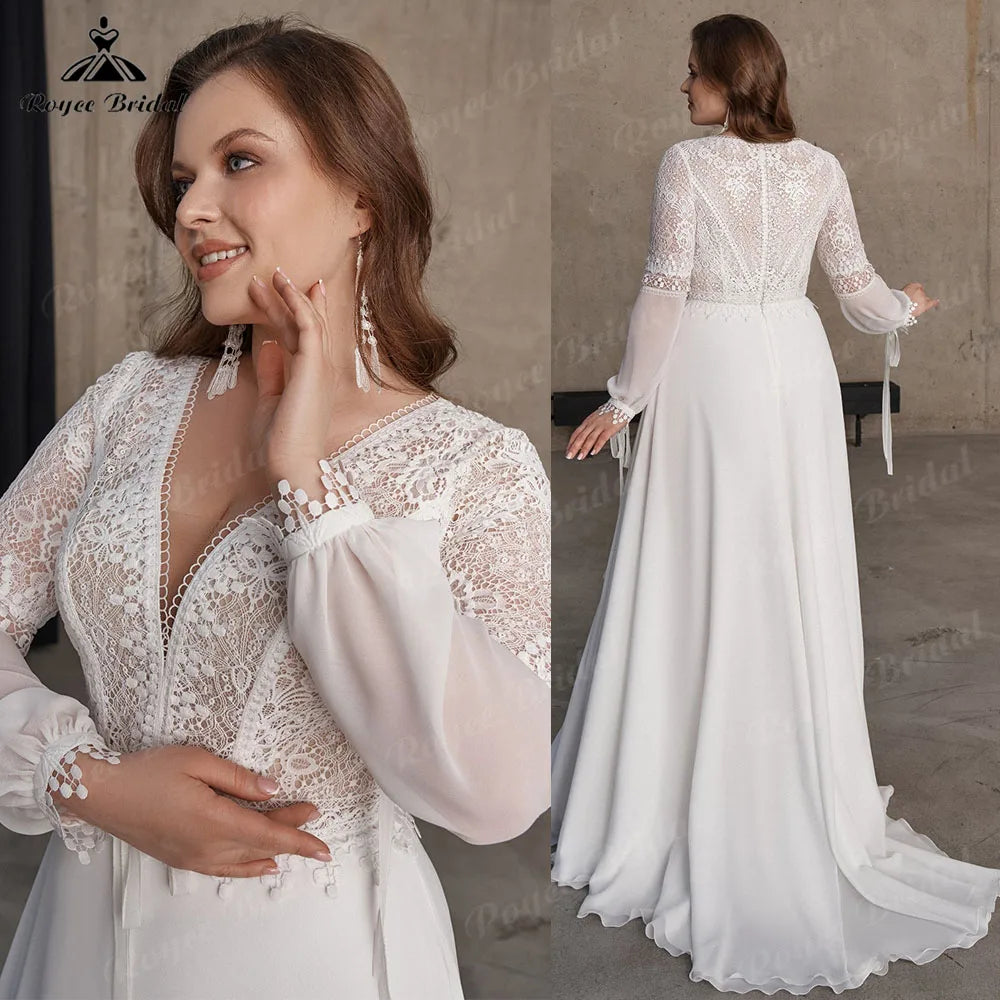 Boheme Long Sleeve Lace Chiffon V Neck Plus Size
