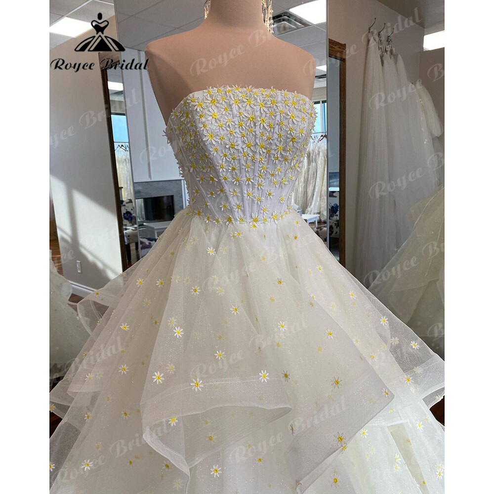 Robe de mariée de plage à col carré et motif floral marguerite de Roycebridal, avec bretelles spaghetti amovibles, robe de soirée de réception