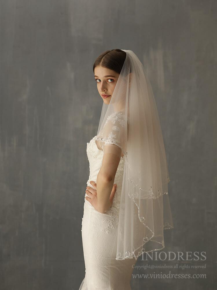 Beaded Short Blusher Veil Elegant Bridal Veils AC1244-Veils-Viniodress-Ivory-Viniodress