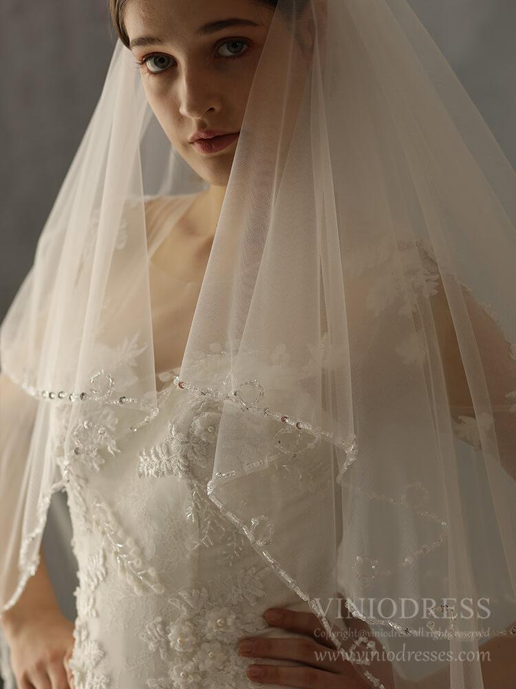 Beaded Short Blusher Veil Elegant Bridal Veils AC1244-Veils-Viniodress-Ivory-Viniodress