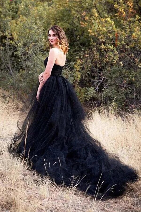 Black Tulle A-line Strapless Wedding Dresses With Train, Bridal Gown, MW996 | summer wedding dress | wedding dresses near me | wedding dress stores | musebridals.com