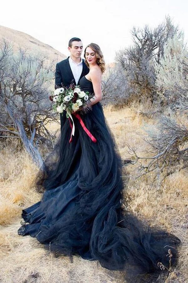 Black Tulle A-line Strapless Wedding Dresses With Train, Bridal Gown, MW996 | vintage wedding dress | bohemian wedding dress | wedding gown | musebridals.com
