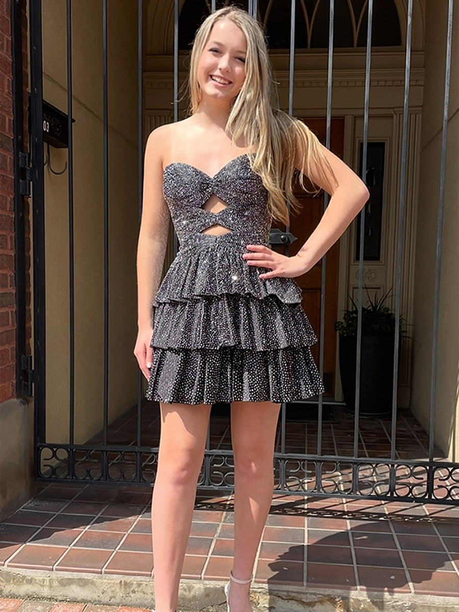 Glitter Strapless Sweetheart A Line Homecoming Dress with Keyhole