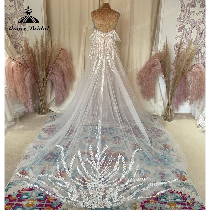 Robe de mariée civile style bohème, coupe trapèze, rose blush, avec appliques en dentelle, tulle, épaules dénudées, traîne, 2025, pour femme élégante