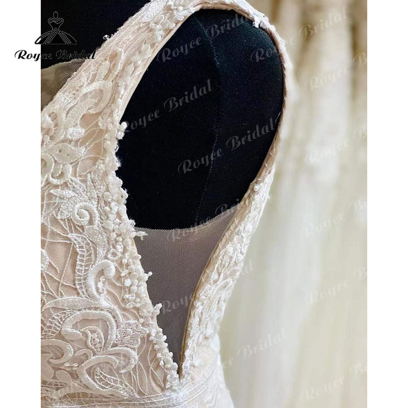 Robe de mariée rose blush Roycebridal, col en V, dentelle, appliques, sans manches, fente latérale, brillante, robe de mariée en tulle