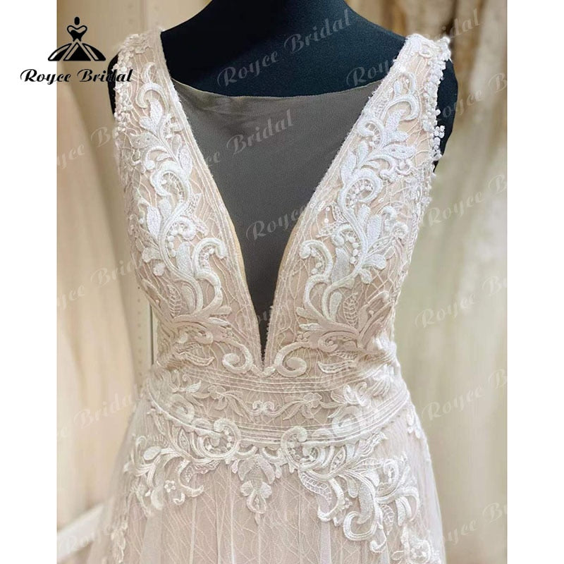 Robe de mariée rose blush Roycebridal, col en V, dentelle, appliques, sans manches, fente latérale, brillante, robe de mariée en tulle