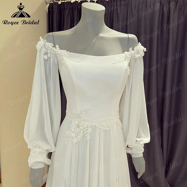 Roycebridal Bohemian Boot-Ausschnitt Puff Langarm Chiffon Strand Spitze Brautkleid für Frauen 2024 Boho Off Schulter Brautkleid robe de mariée