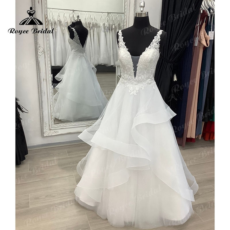 Robe de mariée bohème grande taille sans manches, sur mesure, pour femmes, 2025, robe de mariée sexy, décolleté en V profond, dos nu, appliques en dentelle, robe de balayage