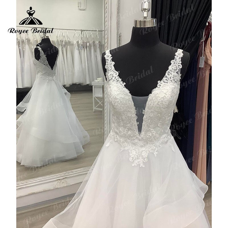 Robe de mariée bohème grande taille sans manches, sur mesure, pour femmes, 2025, robe de mariée sexy, décolleté en V profond, dos nu, appliques en dentelle, robe de balayage