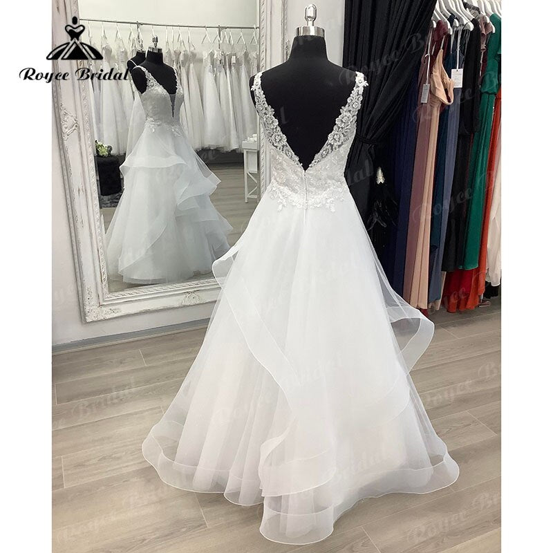 Robe de mariée bohème grande taille sans manches, sur mesure, pour femmes, 2025, robe de mariée sexy, décolleté en V profond, dos nu, appliques en dentelle, robe de balayage