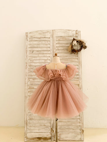 Robe de demoiselle d'honneur en tulle mauve à volants et papillons 3D pour fête d'anniversaire