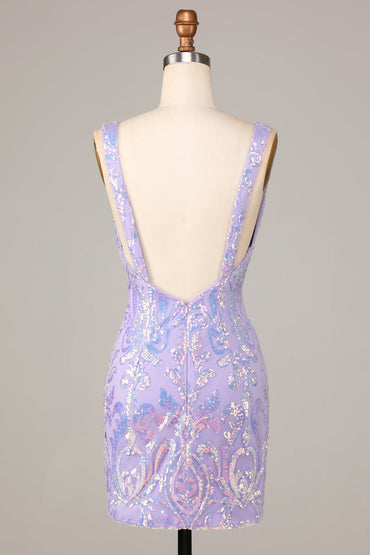 Robe de soirée courte moulante chic lilas à col en V et paillettes scintillantes