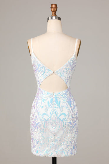 Robe fourreau courte à bretelles spaghetti et paillettes blanches