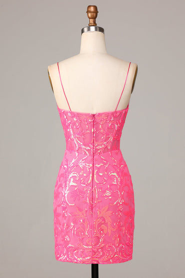 Superbe robe fourreau fuchsia à bretelles spaghetti et paillettes