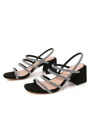 Schwarze Riemchen-Pumps mit dicker Sohle und Strass