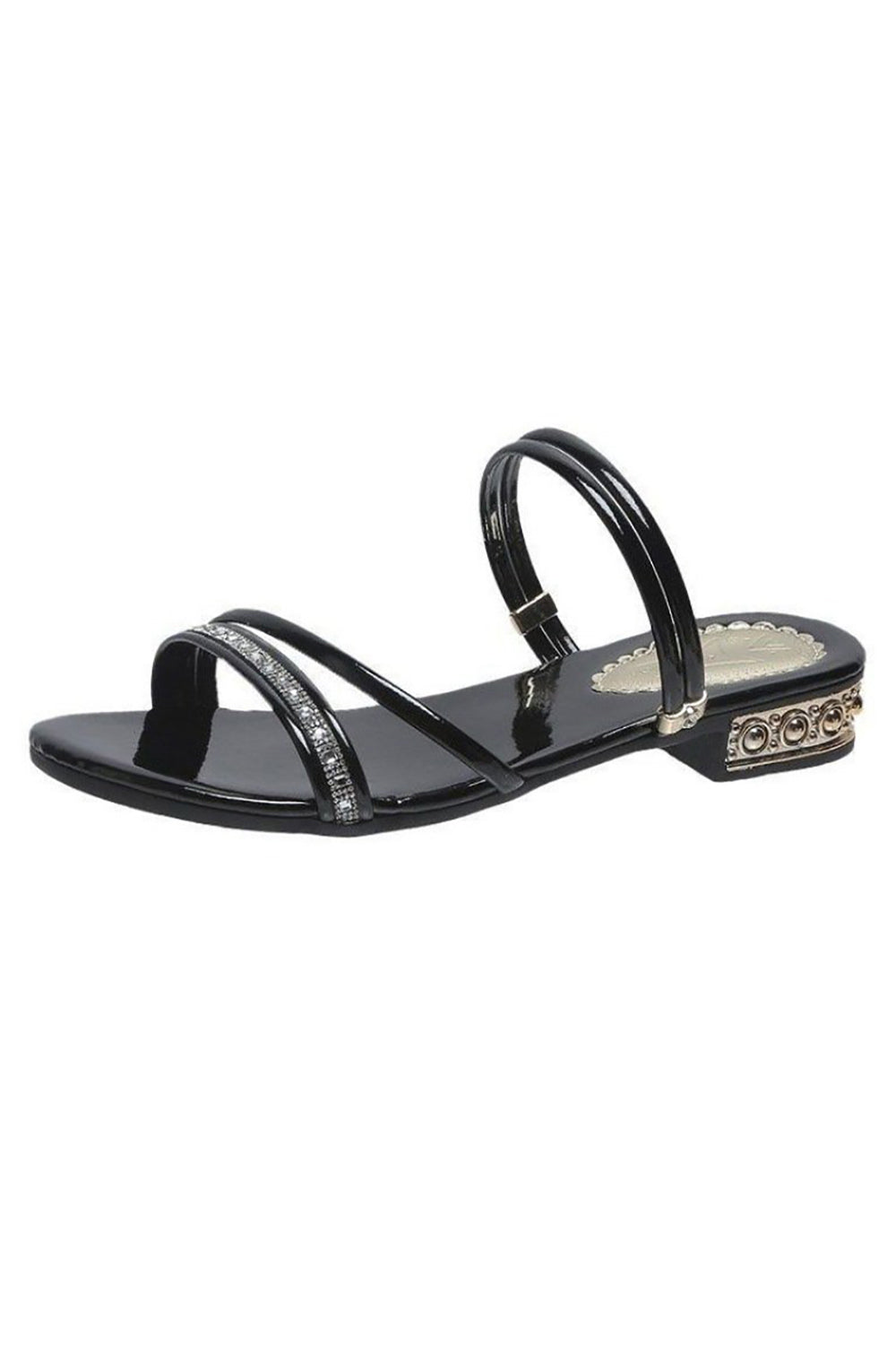 Schwarze Riemchensandalen mit niedrigem Blockabsatz und Strass