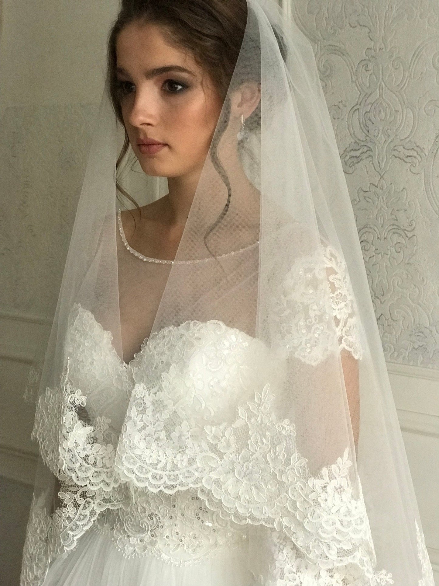 Roycebridal Vintage White Cathedral Lace Double Tiers Long Wedding veil