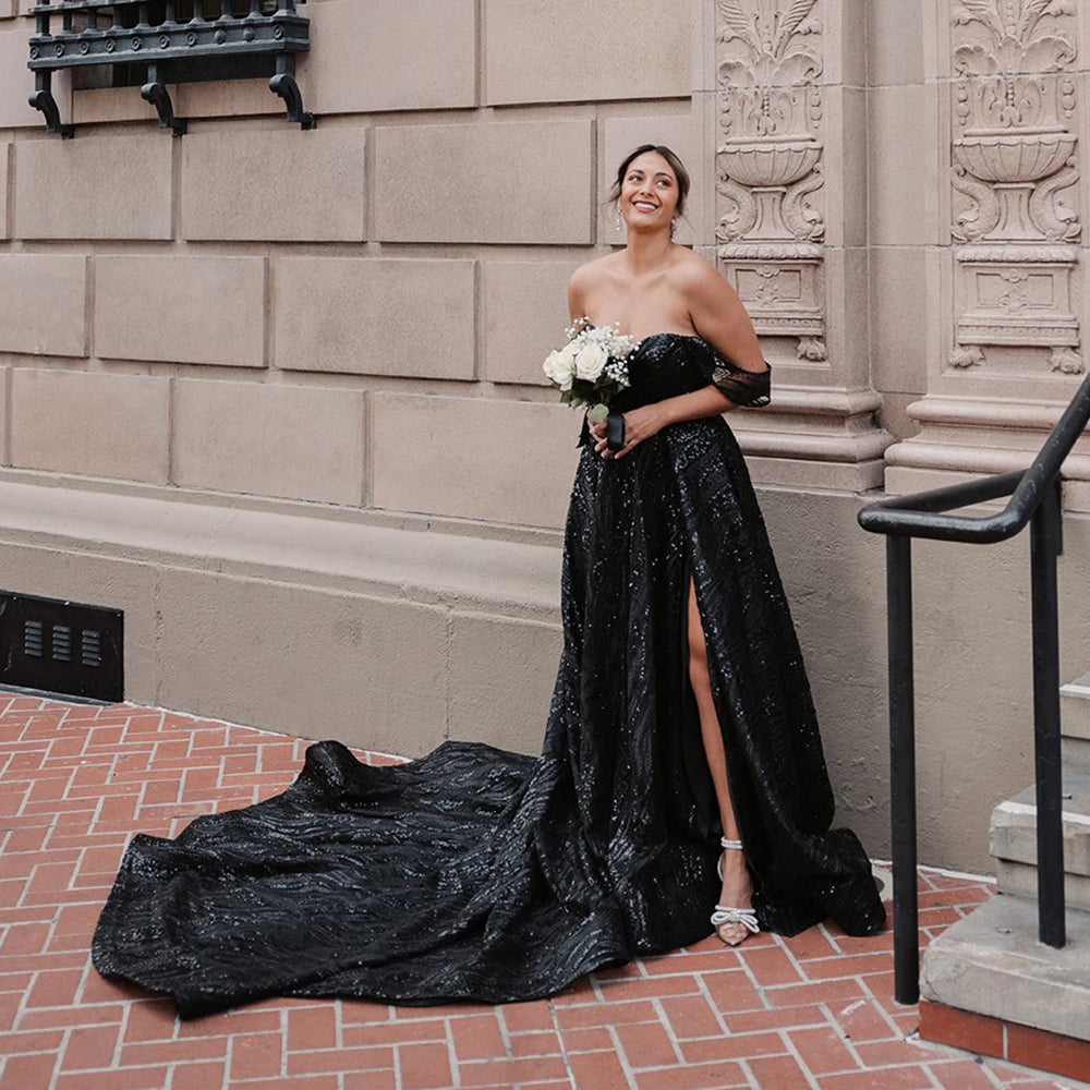Sequin Sparkle Graphic Lace Gothic Black A-Line Wedding Dress