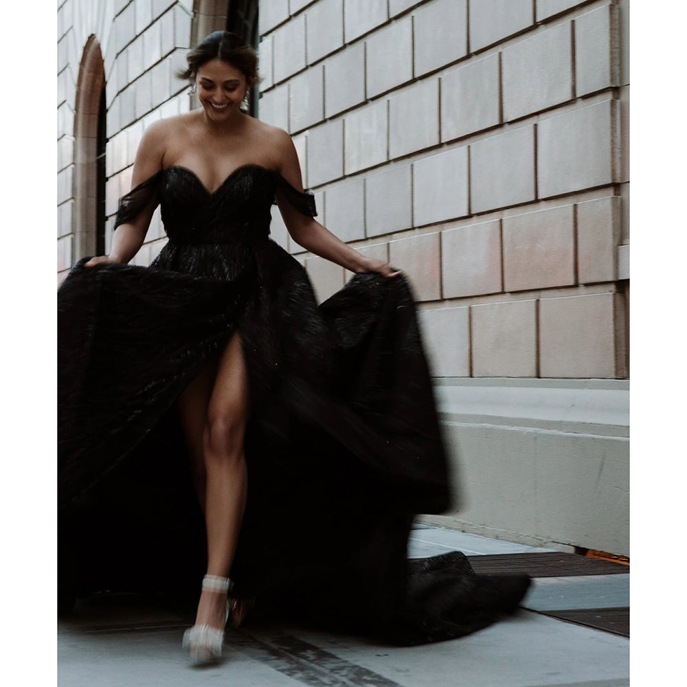 Sequin Sparkle Graphic Lace Gothic Black A-Line Wedding Dress