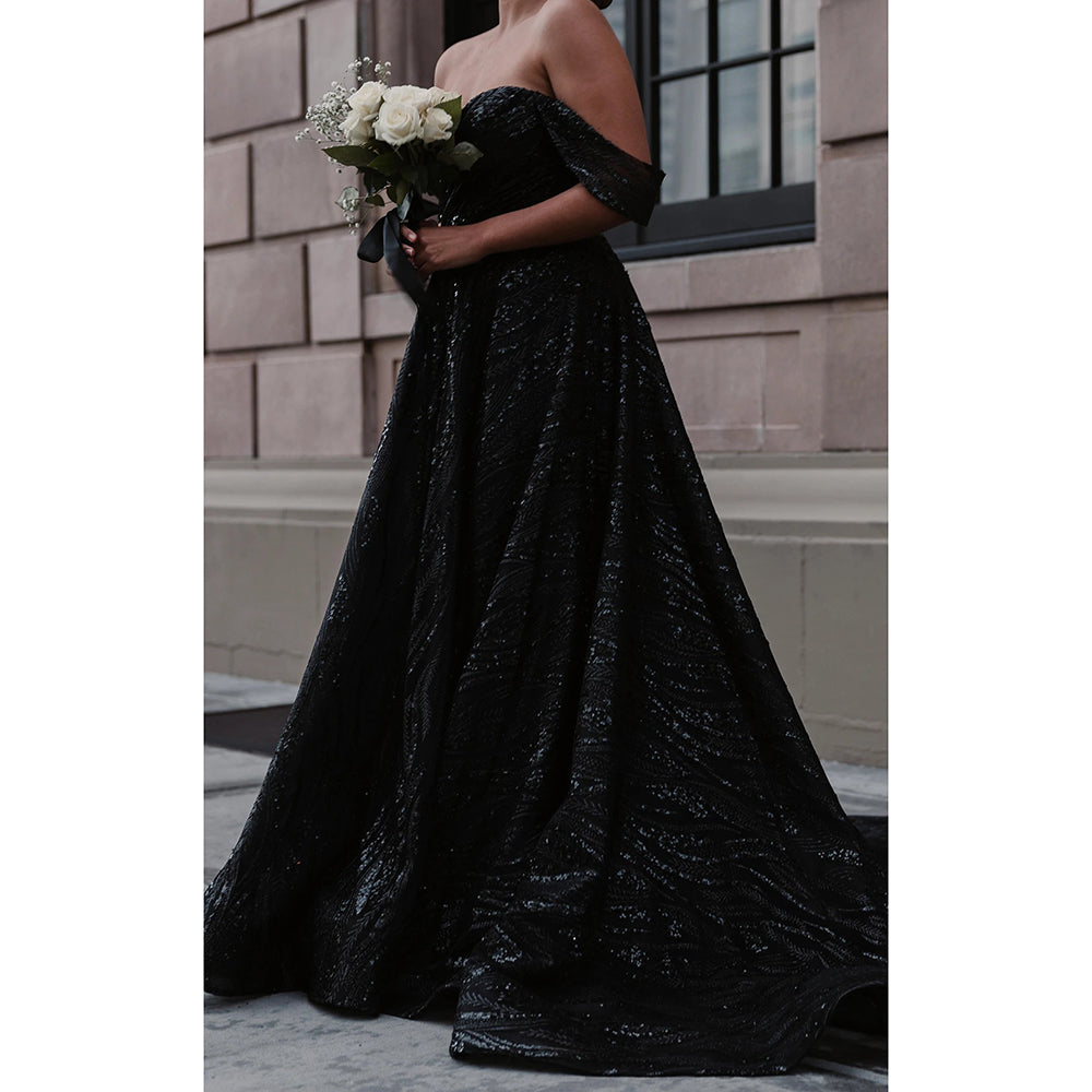 Sequin Sparkle Graphic Lace Gothic Black A-Line Wedding Dress