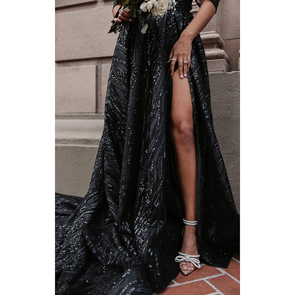 Sequin Sparkle Graphic Lace Gothic Black A-Line Wedding Dress
