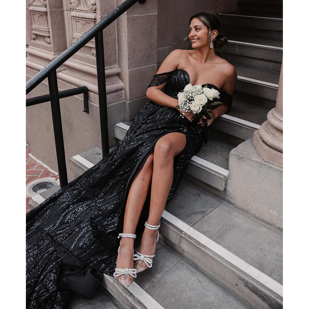 Sequin Sparkle Graphic Lace Gothic Black A-Line Wedding Dress