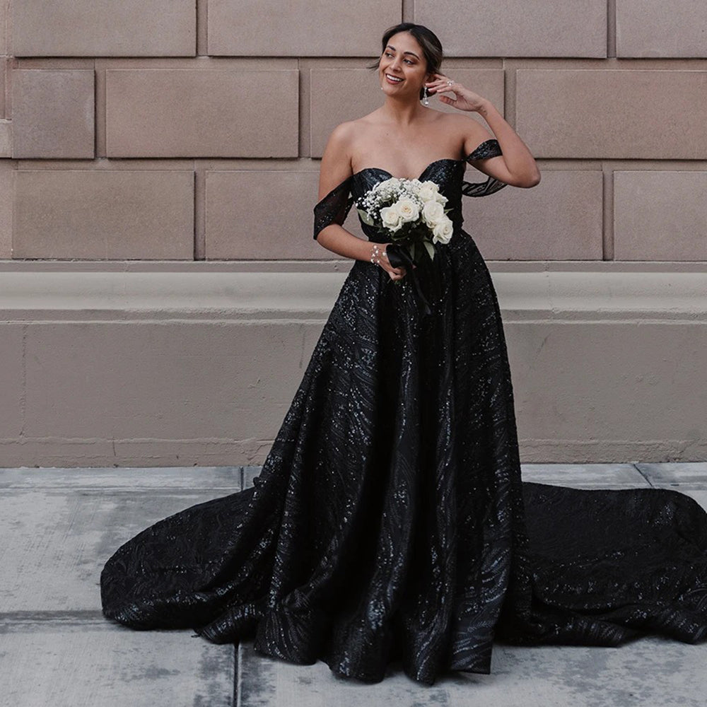 Sequin Sparkle Graphic Lace Gothic Black A-Line Wedding Dress