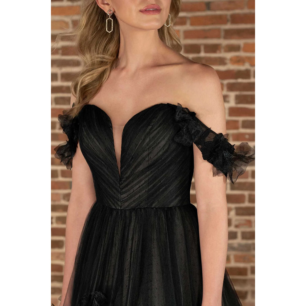 Elegant Gothic Black Ballgown Wedding Dress with 3D Florals and Off-the-Shoulder Straps