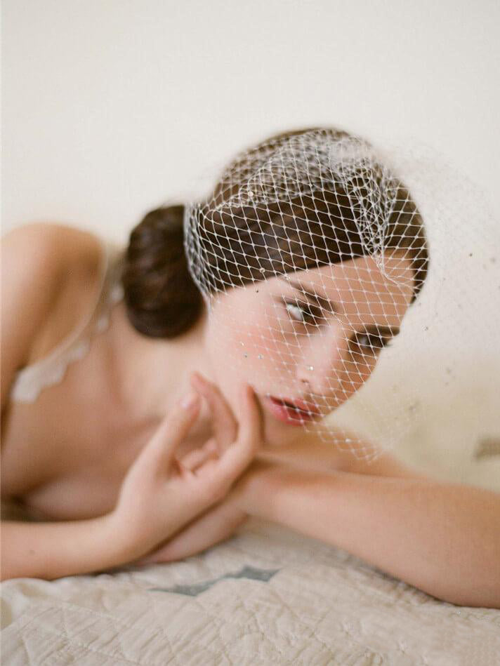 Roycebridal Vintage Elfenbeinfarbener Brautschleier aus Netzstoff im Vogelkäfig-Stil mit winzigen Kristallen