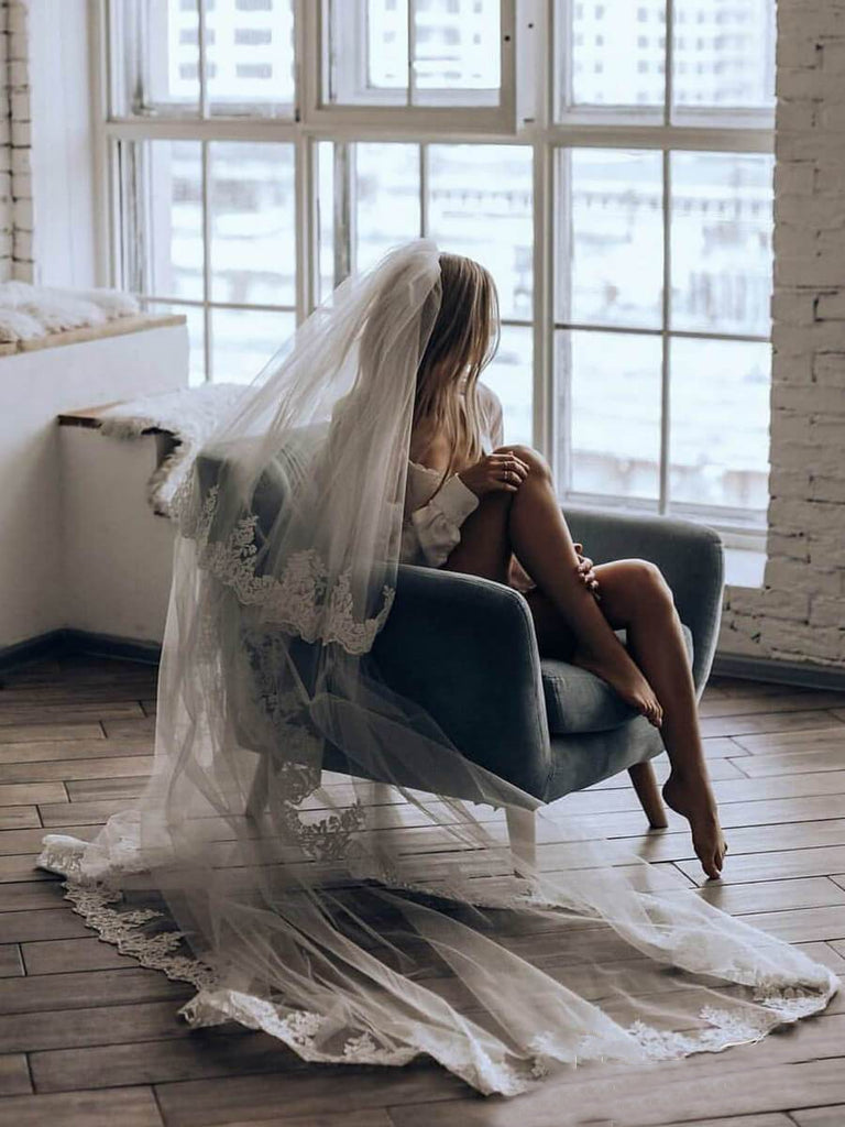 Roycebridal – Zweilagiger, elfenbeinfarbener Kathedralschleier aus Spitze