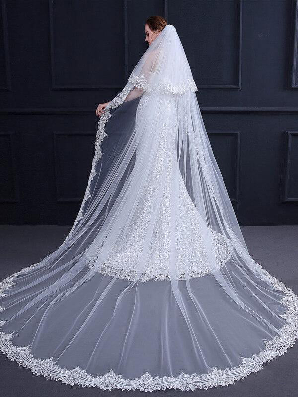Roycebridal – Zweilagiger, elfenbeinfarbener Kathedralschleier aus Spitze