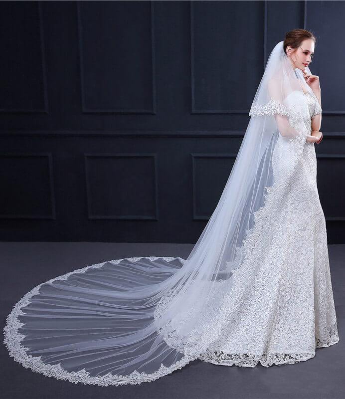 Roycebridal – Zweilagiger, elfenbeinfarbener Kathedralschleier aus Spitze