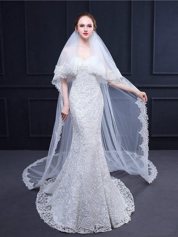 Roycebridal – Zweilagiger, elfenbeinfarbener Kathedralschleier aus Spitze