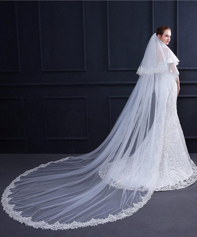 Roycebridal – Zweilagiger, elfenbeinfarbener Kathedralschleier aus Spitze
