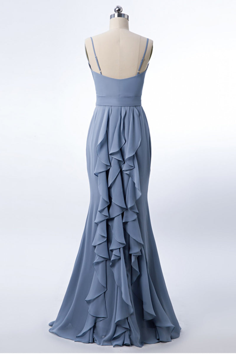 Dusty Blue Formal Dress Mermaid Wedding Guest Dress Chiffon with Ruffles