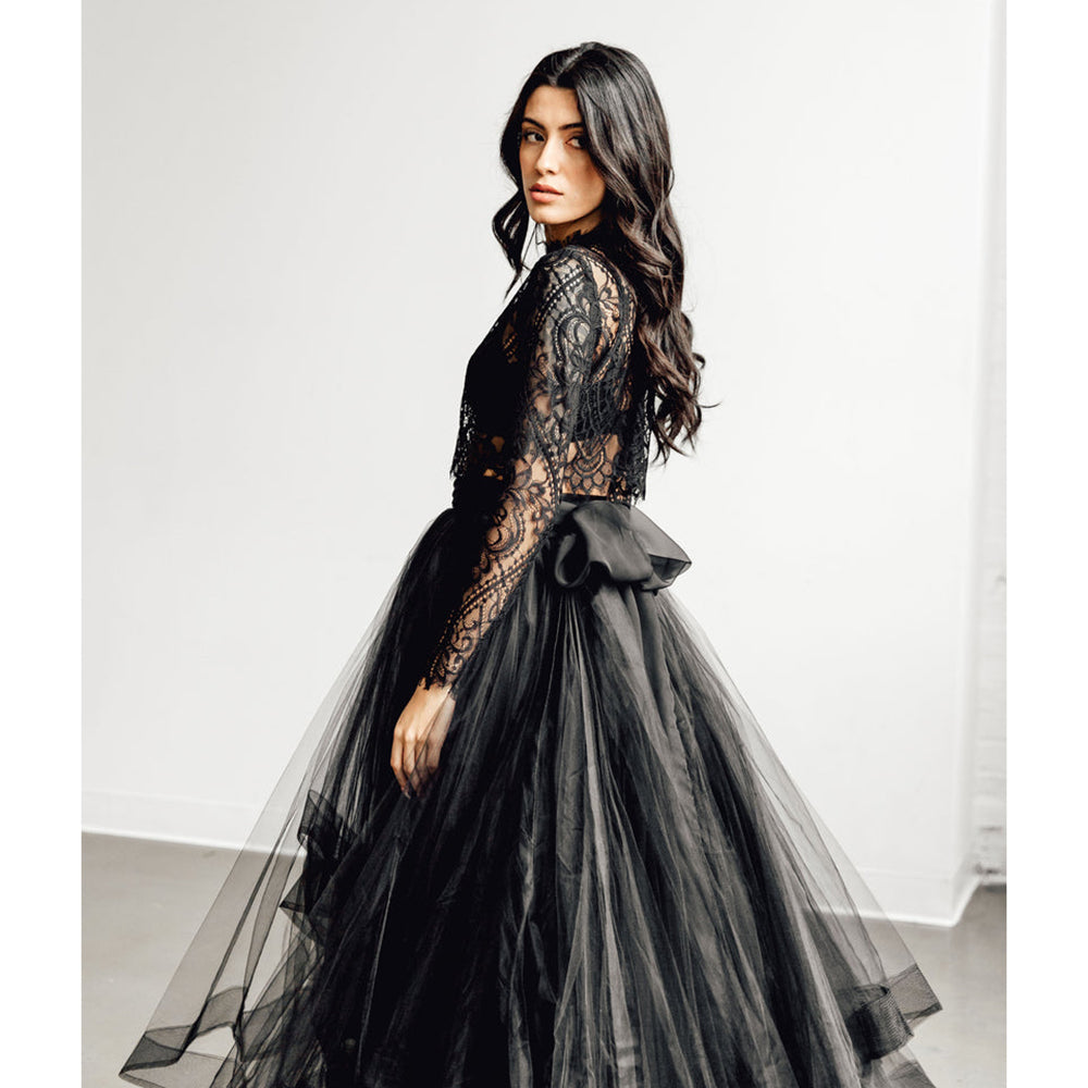 High Neck Long Sleeve Lace Top A Line Gothic Black Wedding Dress
