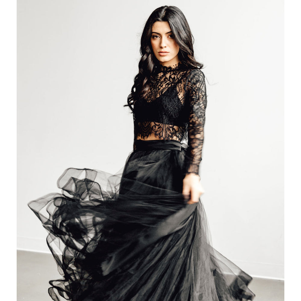 High Neck Long Sleeve Lace Top A Line Gothic Black Wedding Dress