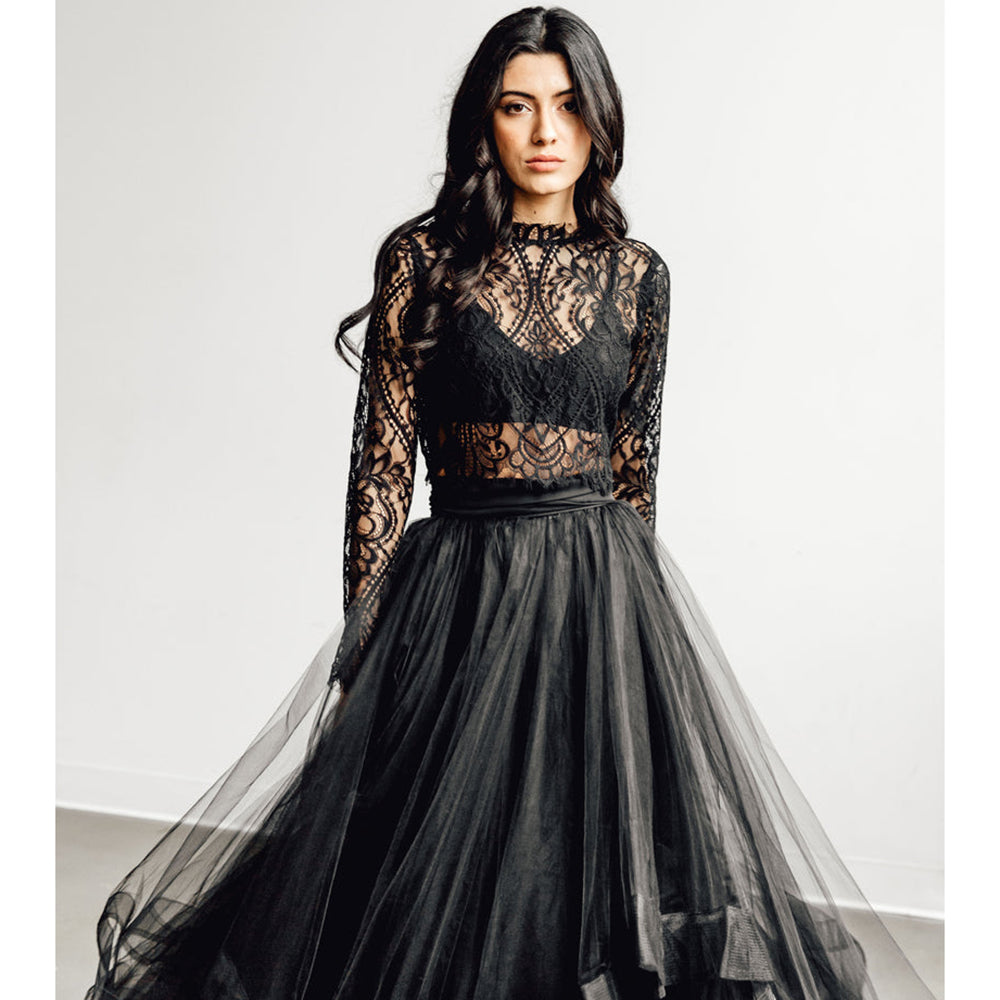 High Neck Long Sleeve Lace Top A Line Gothic Black Wedding Dress