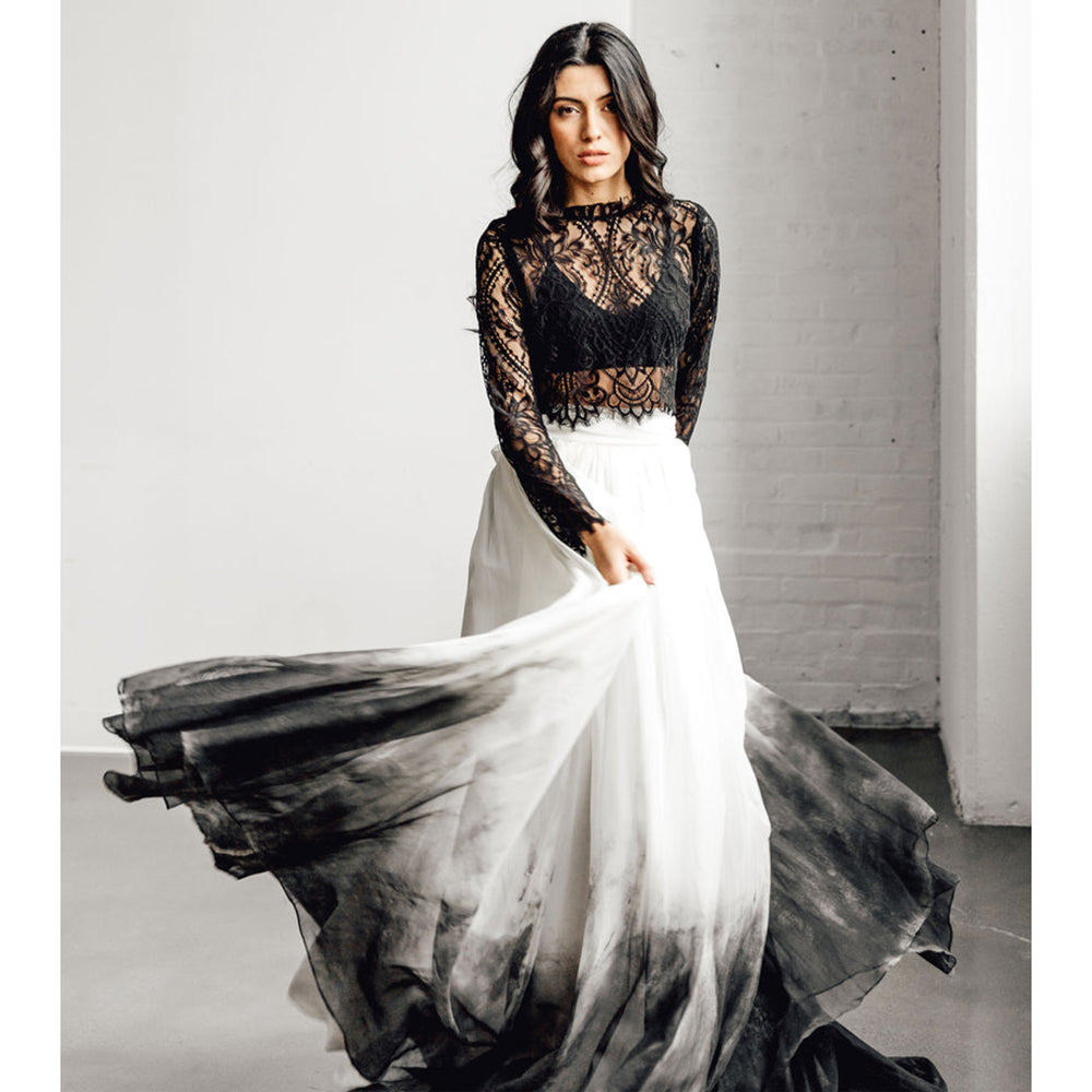 High Neck Long Sleeve Lace Top A Line Gothic Black Wedding Dress